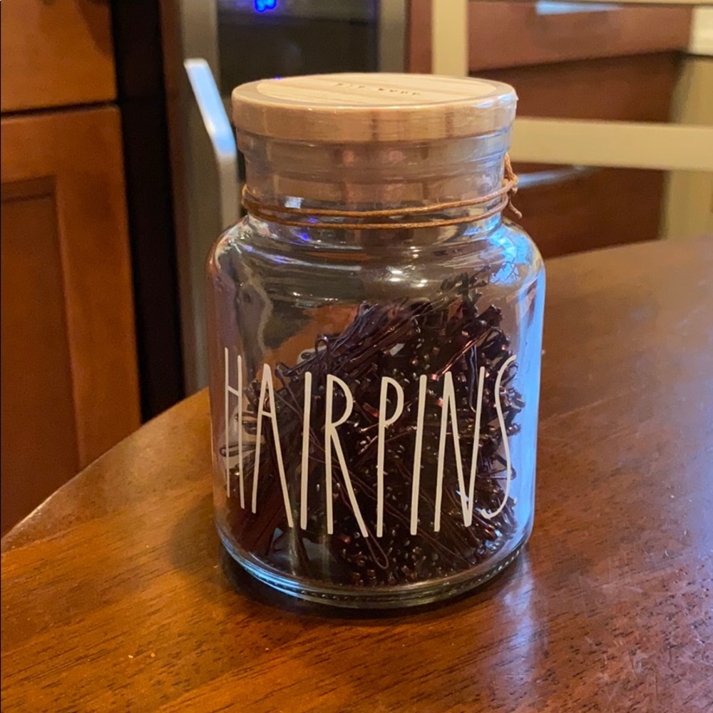 Rae dunn hair pins in glass jar